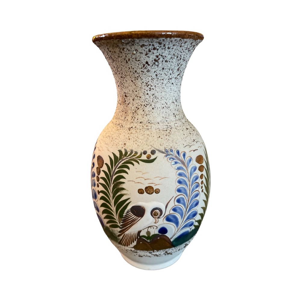 Mexican Sandstone Pottery Tonala Vase Bird Flowers Handpainted 8" Mexico Vases